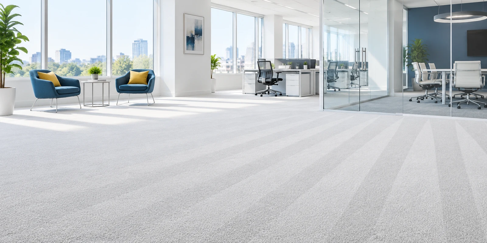 Bright, freshly cleaned office carpet with visible professional cleaning lines, in a sunlit commercial space